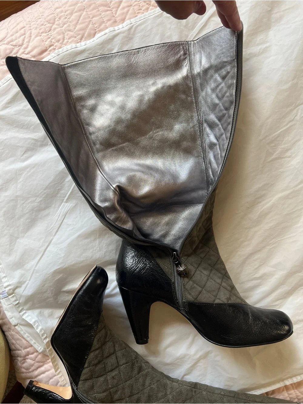 Taryn Rose Quilted Gray Suede and Black Leather Over-the-Knee Boots